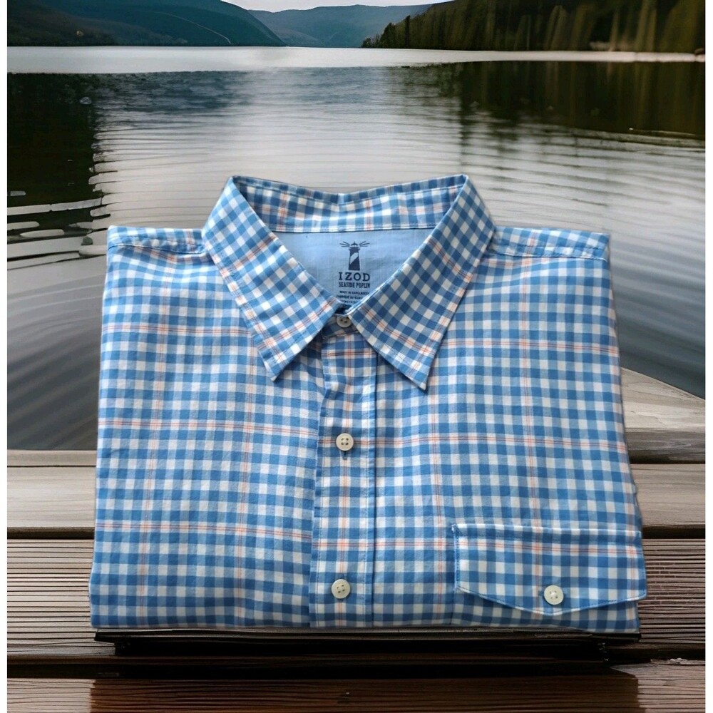 IZOD SEASIDE POPLIN BLUE/WHITE/PLAID ROLL UP LONG SLEEVE BUTTON SHIRT MEN SZ XL